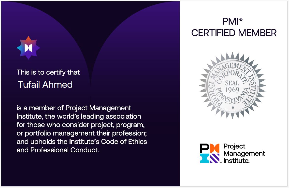 PMI Certified Member Certificate — Syed Tufail Ahmed